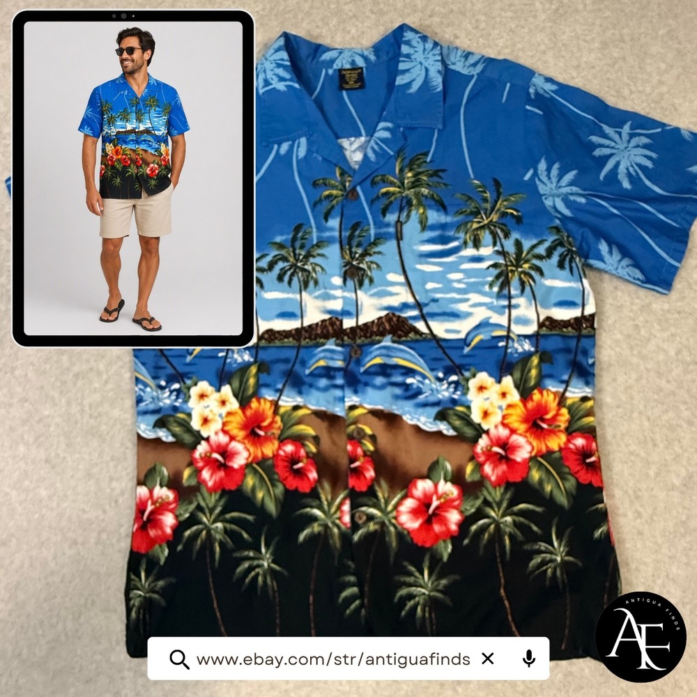Palmwave Hawaii Mens XXL Blue Tropical Dolphin Hibiscus Cotton Shirt C9-A210
